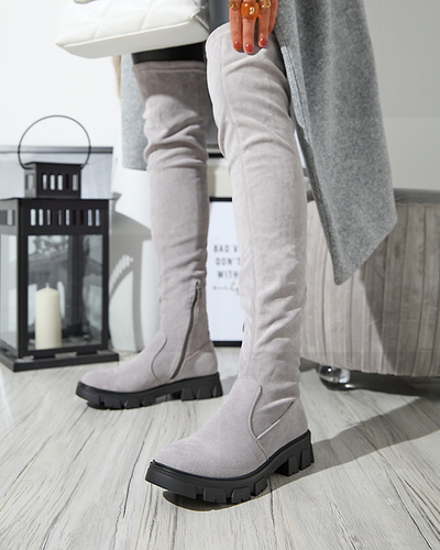 Šedé semišové kozačky nad kolena s plochými podpatky Engi- Footwear