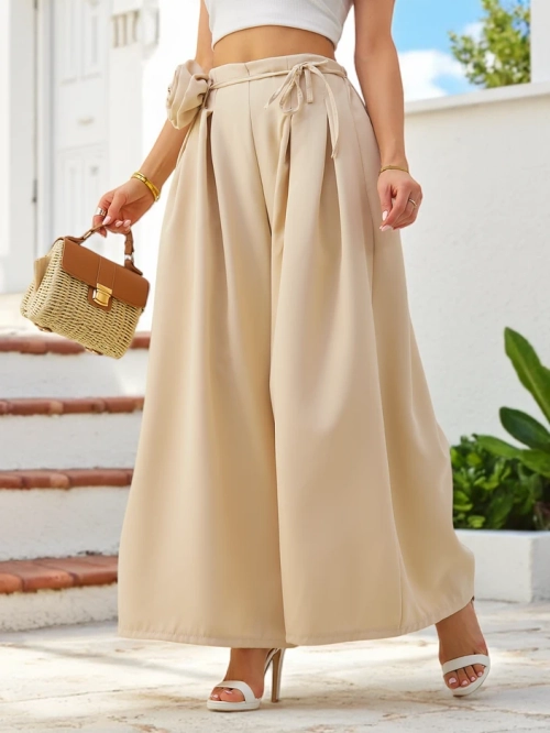 Royalfashion Елегантні широкі жіночі штани з декоративною квіткою на талії