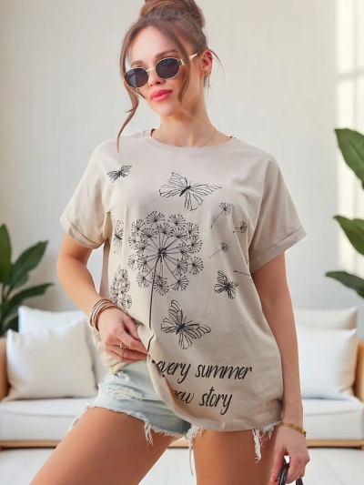 Royalfashion Dámské bavlněné tričko s pampeliškami a motýlem