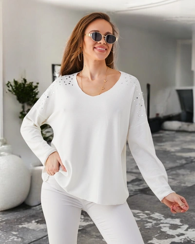 Royalfashion Жінський тонкий візкозний светр з стразами на плечах