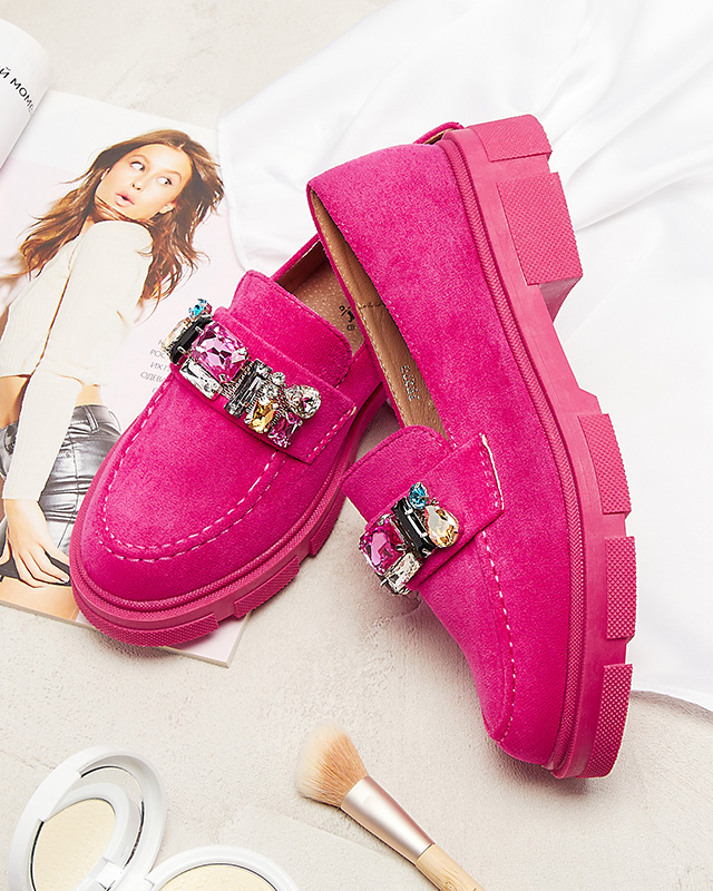 Eko semišové fuchsiové dámské mokasíny s ozdobnými krystaly Alenns- Obuv