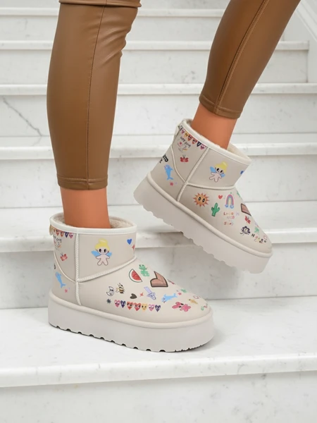 Boty Lemuria - Krémové Sněhule Doodle na Silné Podrážce Furrini