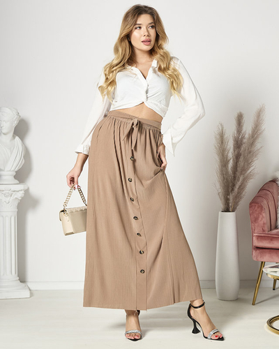 Světle hnědá dámská plisovaná maxi sukně s knoflíky - Oblečení
