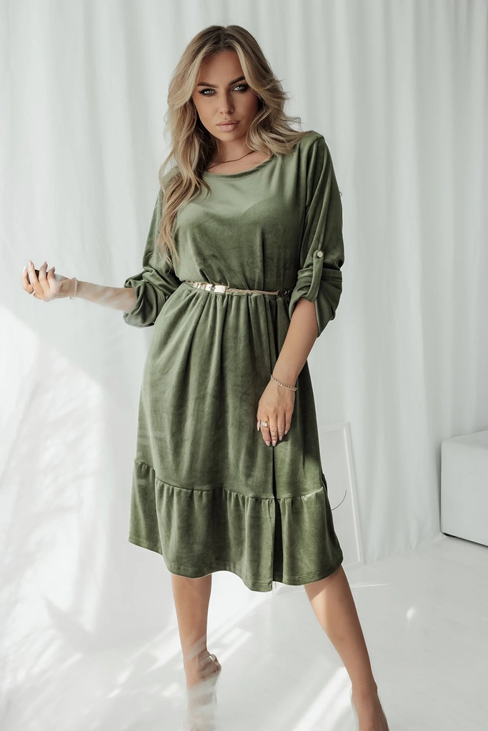 Royalfashion Khaki dámské velurové šaty s ozdobným páskem