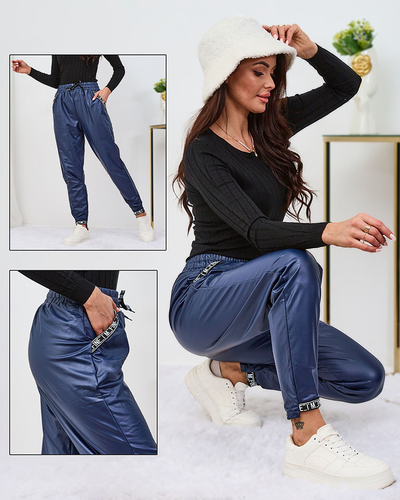 Royalfashion Вільні жіночі штани з екошкіри темно-синього кольору