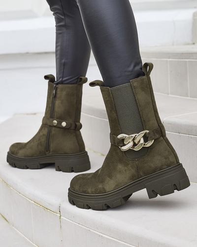 Dámské tmavě zelené kozačky z ekokůže s řetízkem Mefrika- Obuv