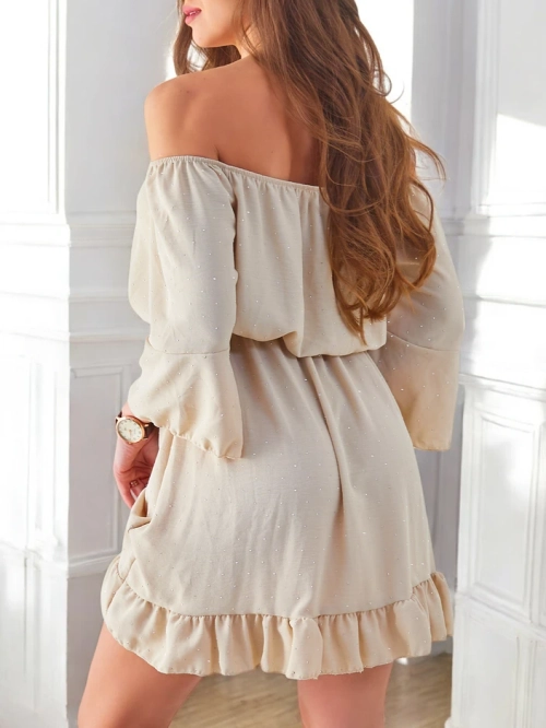 Royalfashion Жіноча міні-сукня з відкритими плечима, з довгими рукавами та стразами