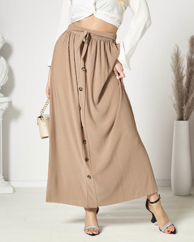 Světle hnědá dámská plisovaná maxi sukně s knoflíky - Oblečení