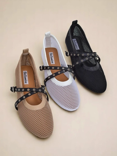 Baleríny Royalfashion Arethusa Nero ze síťoviny na plochém podpatku