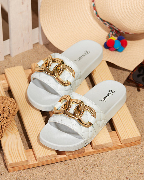 OUTLET Сині жіночі стьобані тапочки на золотому ланцюжку Eteris - Взуття