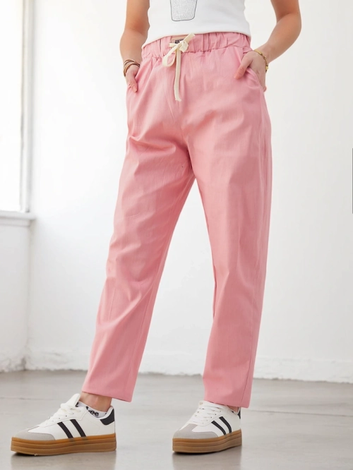 Royalfashion бавовняні прямі жіночі штани з зав'язкою на талії