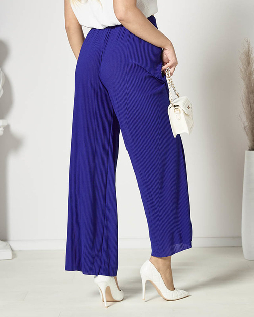Жіночі широкі плісировані брюки палаццо темно-синього кольору - Одяг