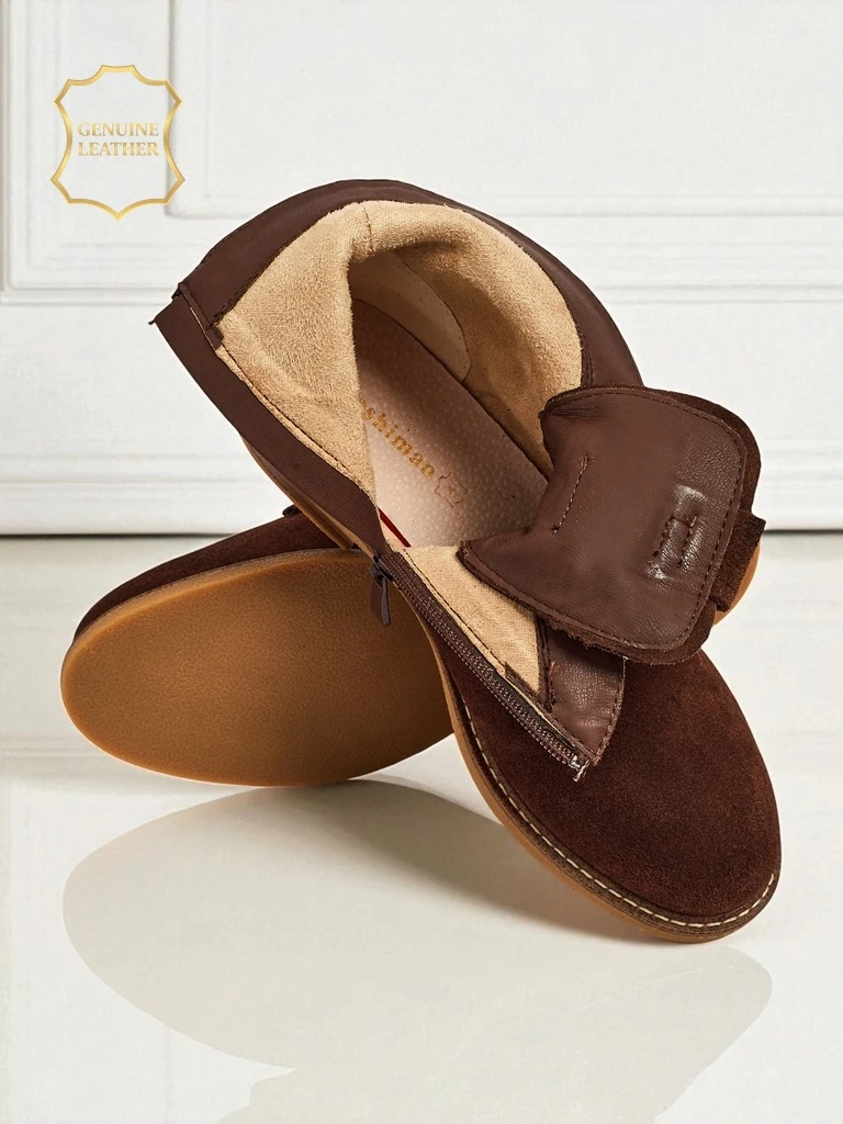 Aurelia Hnědé Semišové Kotníkové Boty s Kožíškem Prolamované Elegantní 2,5cm