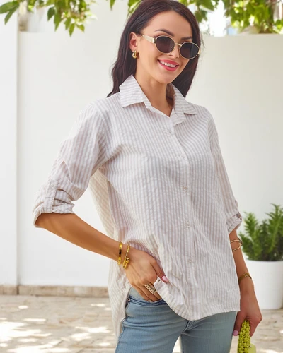 Royalfashion Dámská bavlněná pruhovaná košile s uzlem na spodním lemu