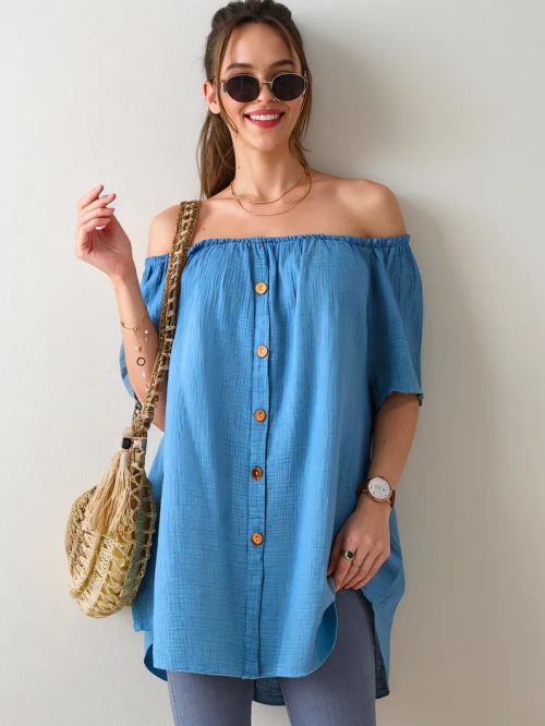 Royalfashion Жіноча бавовняна блузка в іспанському стилі з декоративними ґудзиками