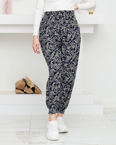 Námořnicky modré dámské kalhoty s béžovým potiskem PLUS SIZE - Oblečení