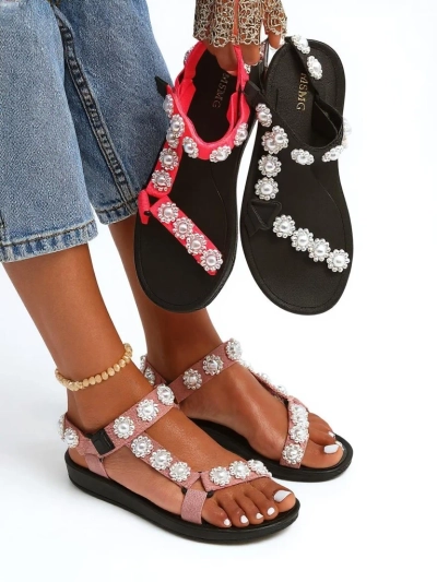 Sandály Letitia Royalfashion růžové na platformě - perlové dżety klasické