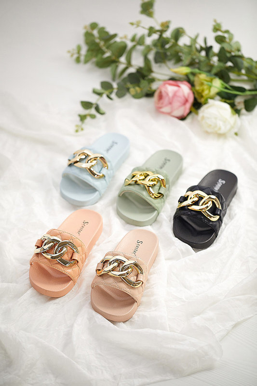 OUTLET Сині жіночі стьобані тапочки на золотому ланцюжку Eteris - Взуття