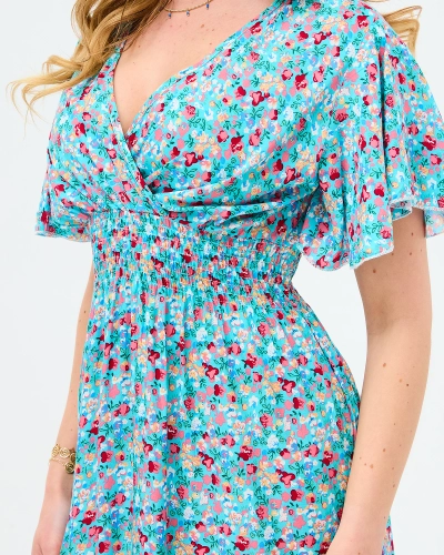 Květinově modré dámské midi šaty s obálkovým výstřihem - Oblečení