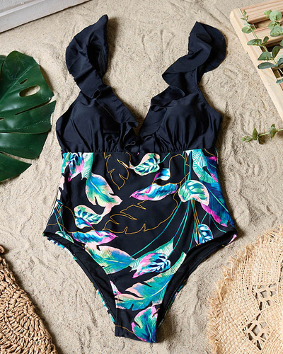 Жіночий чорний суцільний купальник з квітковим мотивом - Нижня білизна