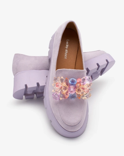 OUTLET Royalfashion Fialové dámské mokasíny s barevnými krystaly Crystal Glam