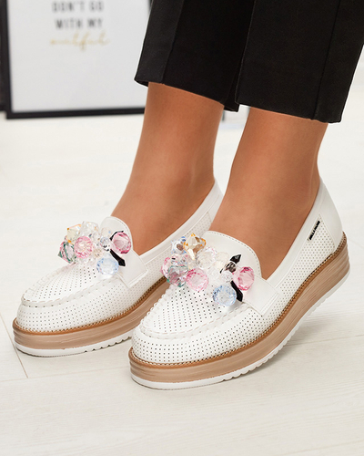 Білі жіночі мокасини з декоративними кристалами Liscutio- Footwear
