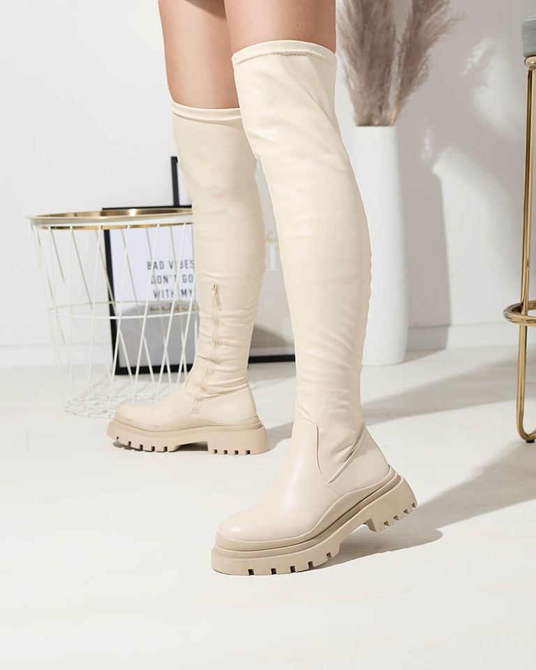 OUTLET Béžové dámské kozačky nad kolena na silnější podrážce Amerima- Obuv