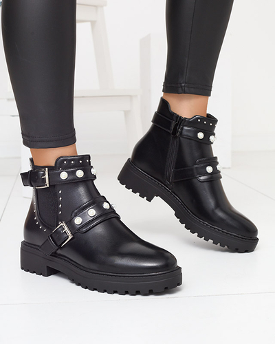 Dámské kotníkové boty z eko kůže s perličkami v černé barvě Saalo- Footwear