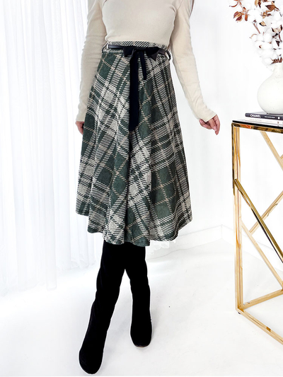 Royalfashion Zeleno-šedá dámská kostkovaná midi sukně