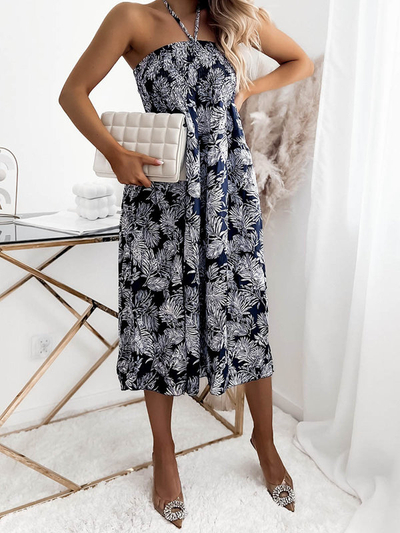 Dámské midi šaty s květinovým motivem v tmavě modré a bílé barvě PLUS SIZE - Oblečení