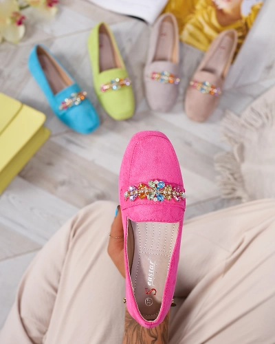 Royalfashion Neonově růžové dámské mokasíny s krystaly Olkeri