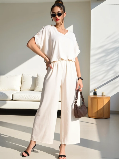 Royalfashion Жіночий повсякденний комплект з блузкою з коротким рукавом та широкими штанами