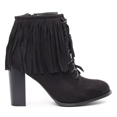 Czarne botki zamszowe na słupku z frędzlami - Obuwie