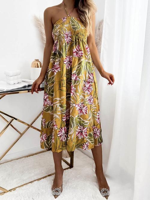 Жовта жіноча сукня міді з квітковим візерунком - Одяг