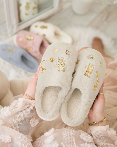 Royalfashion Béžové dámské kožešinové pantofle s ornamenty Erserra