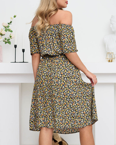 Жіноча чорна коротка літня сукня з різнокольоровими квітами - Одяг