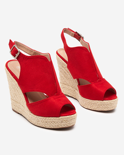 Červené eko semišové dámské sandály na klínku Devof - Footwear