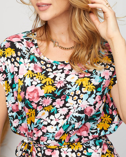 Жіноче чорне пряме плаття в квіточку з обв'язкою на талії - Одяг