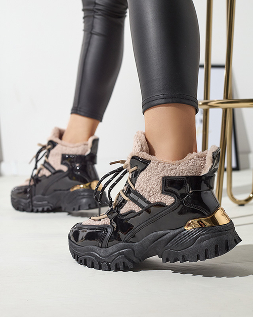 Чорні жіночі спортивні кросівки з хутром та бежевою шнурівкою Adbo- Footwear