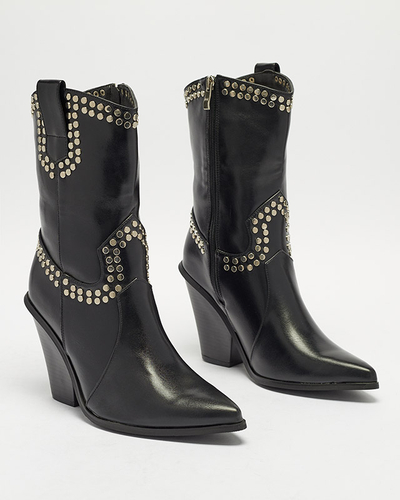 Жіночі чорні чоботи ковбойки на стійці зі сріблястими стразами Daksiti - Взуття