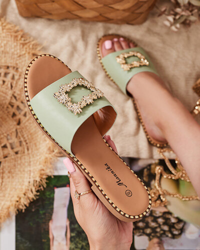 Zelené elegantní dámské pantofle se zlatým ornamentem Meriso - Footwear