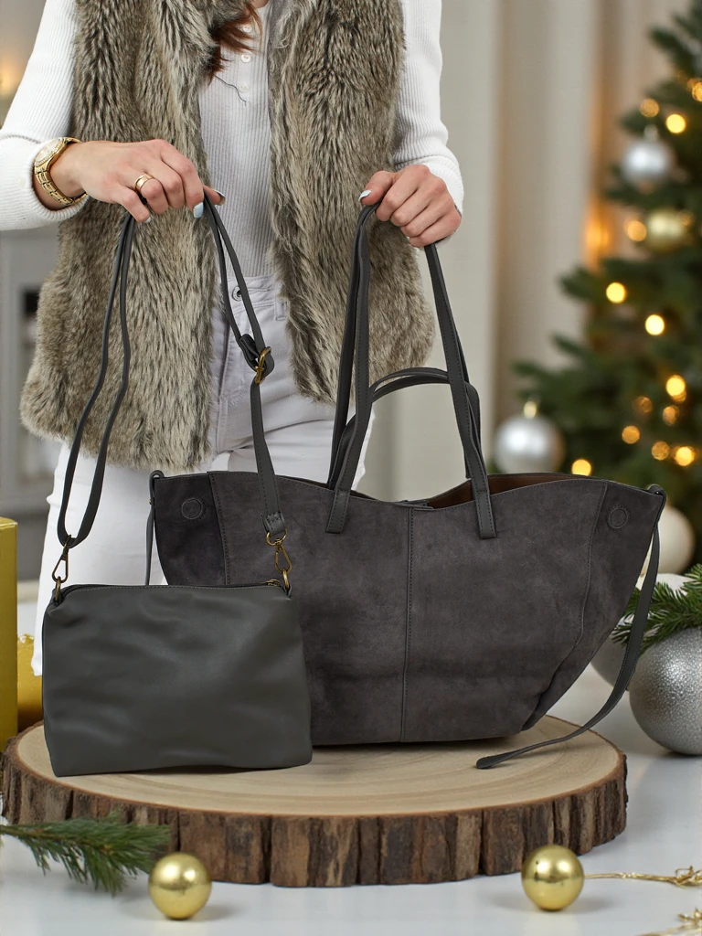 Dámská shopper kabelka z eko semiše s menší eko koženou kabelkou v sadě 2v1 Elinea