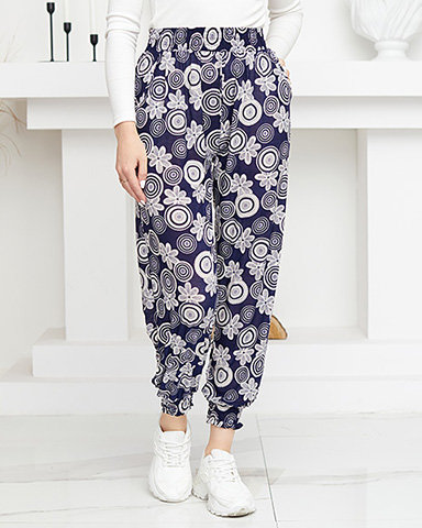 Námořnicky modré a bílé dámské kalhoty s potiskem PLUS SIZE - Oblečení