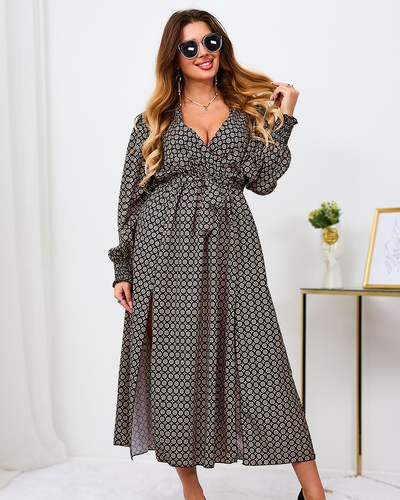 Royalfashion Béžovo-černé vzorované dámské maxi šaty