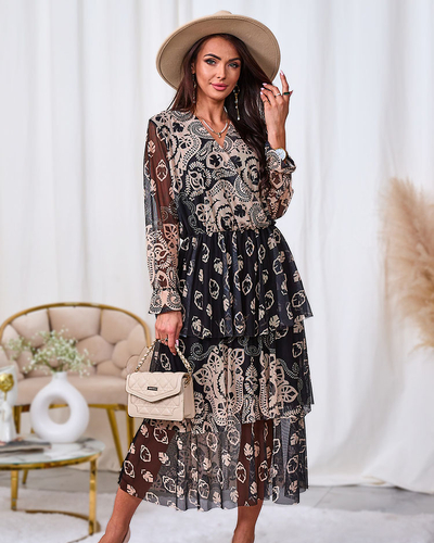 Royalfashion Černo-béžové síťované midi šaty s potiskem