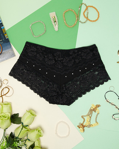 Жіночі чорні трусики, панталони з мереживом і фіанітами - Білизна