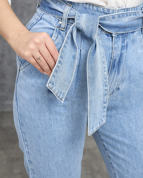 Жіночі сині мамині джинси paperbag із завищеною талією - Одяг