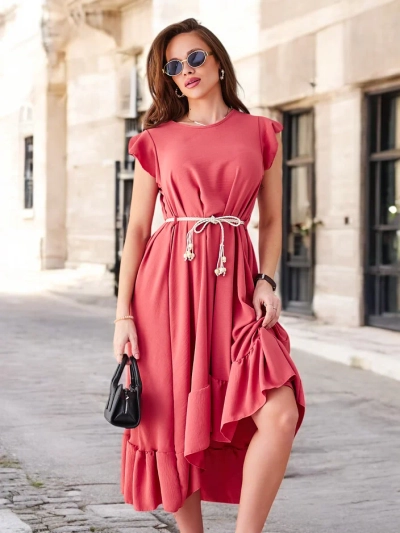 Royalfashion Жіноча міді-сукня з рюшами та короткими рукавами