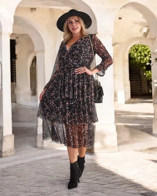 Royalfashion Чорна візерунчаста жіноча максі-сукня