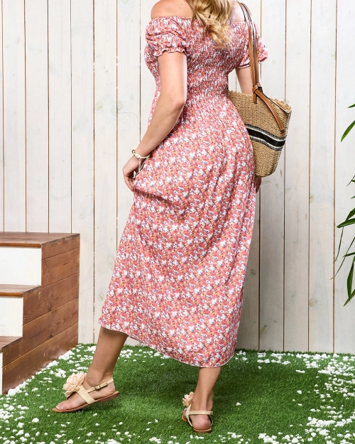 Коралова жіноча сукня міді з квітковим візерунком - Одяг